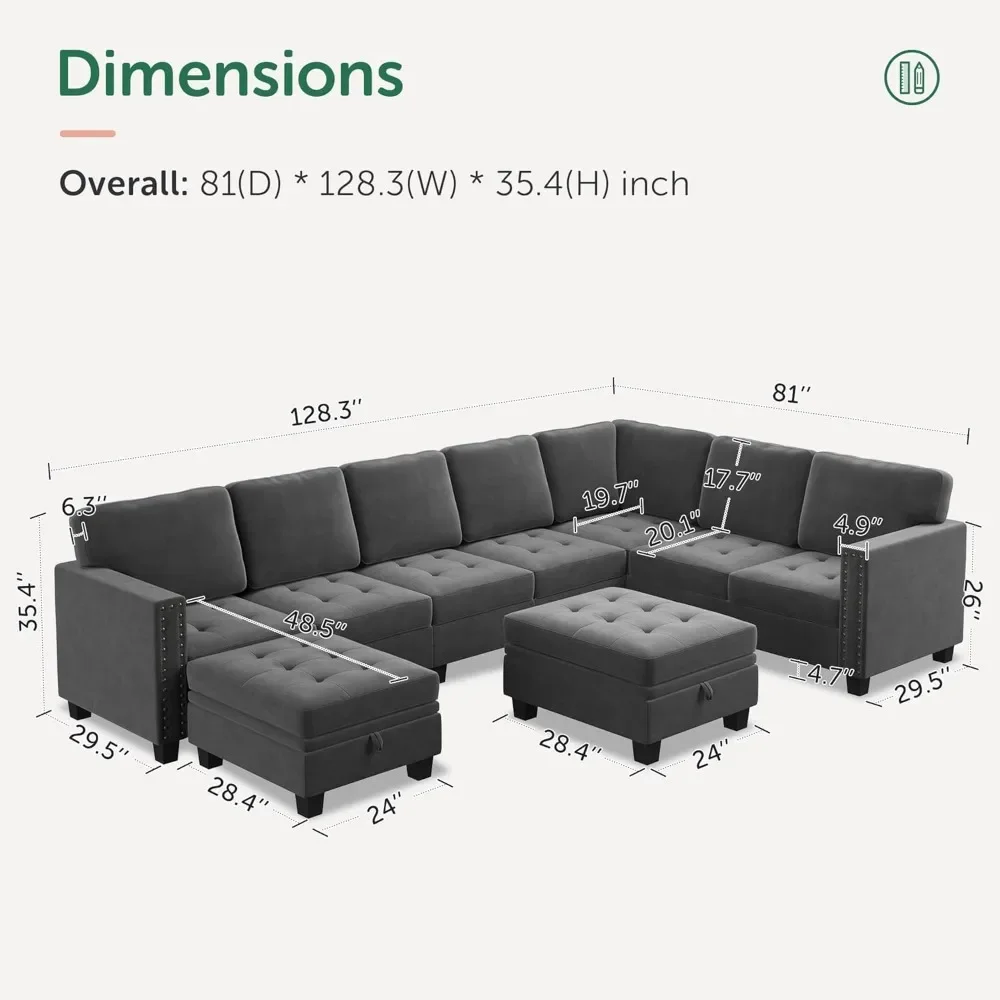 Divano componibile convertibile in velluto, divano componibile a forma di U con chaise longue componibile modulare con divano ad angolo ottomano portaoggetti