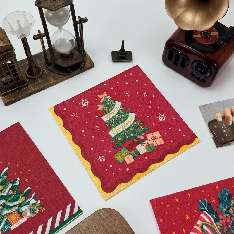Christmas Holiday Printed Decorative Paper Napkins Xmas Tree Bow Gift Pattern Napkins for Party Tabletop Home Decor