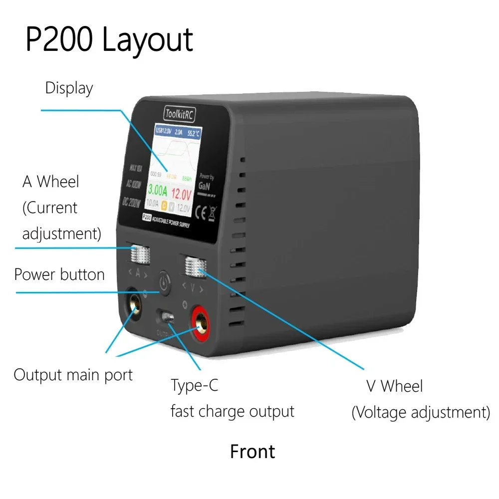 ToolkitRC P200 Mini 30V AC100W DC200W 10A GaN Fonte de alimentação de mesa ajustável Saída USB
