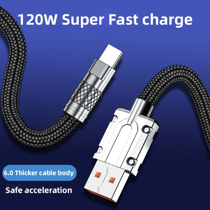 120W Type-C Super Fast Charging Cable for Huawei P30 P40 Thick Nylon Braid Quick Charge USB Data Cord for VIVO Xiaomi 1M 1.5M 2M