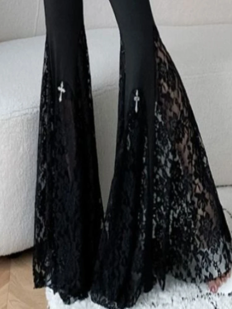 กางเกงแฟชั่นสไตล์ญี่ปุ่นย้อนยุค แต่งผ้าลูกไม้ ทรงบาน เอวสูง ทรงเข้ารูป สไตล์ลำลอง สำหรับผู้หญิง ฤดูใบไม้ผลิ ฤดูใบไม้ร่วง ปี 2025 สวยเก๋ ทันสมัย