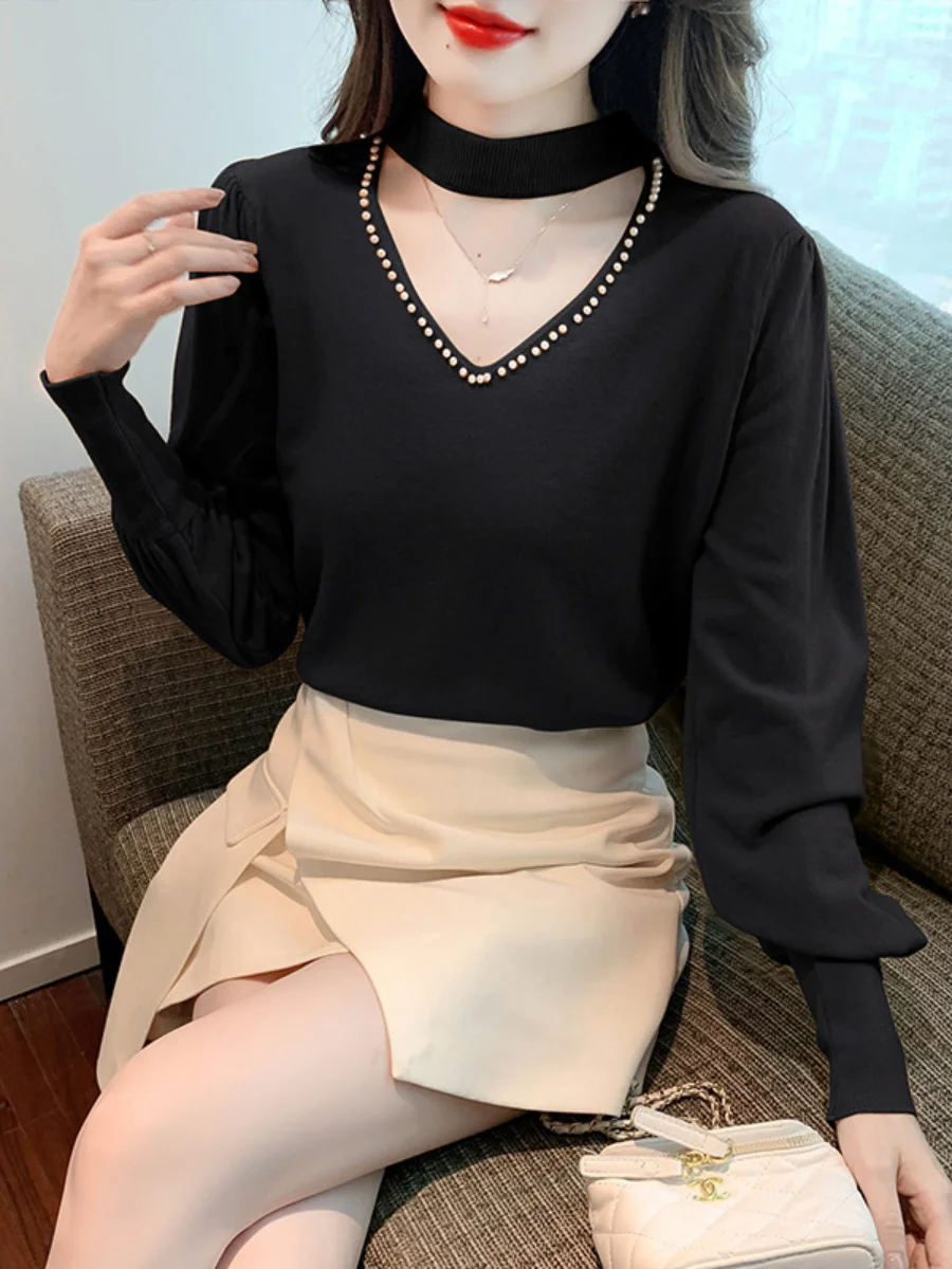 Hollow-out Sexy Halter V-neck Solid Women Lantern Sleeve Pearl Split Knitwear Jumper 2023 Autumn Winter New Sweater Top