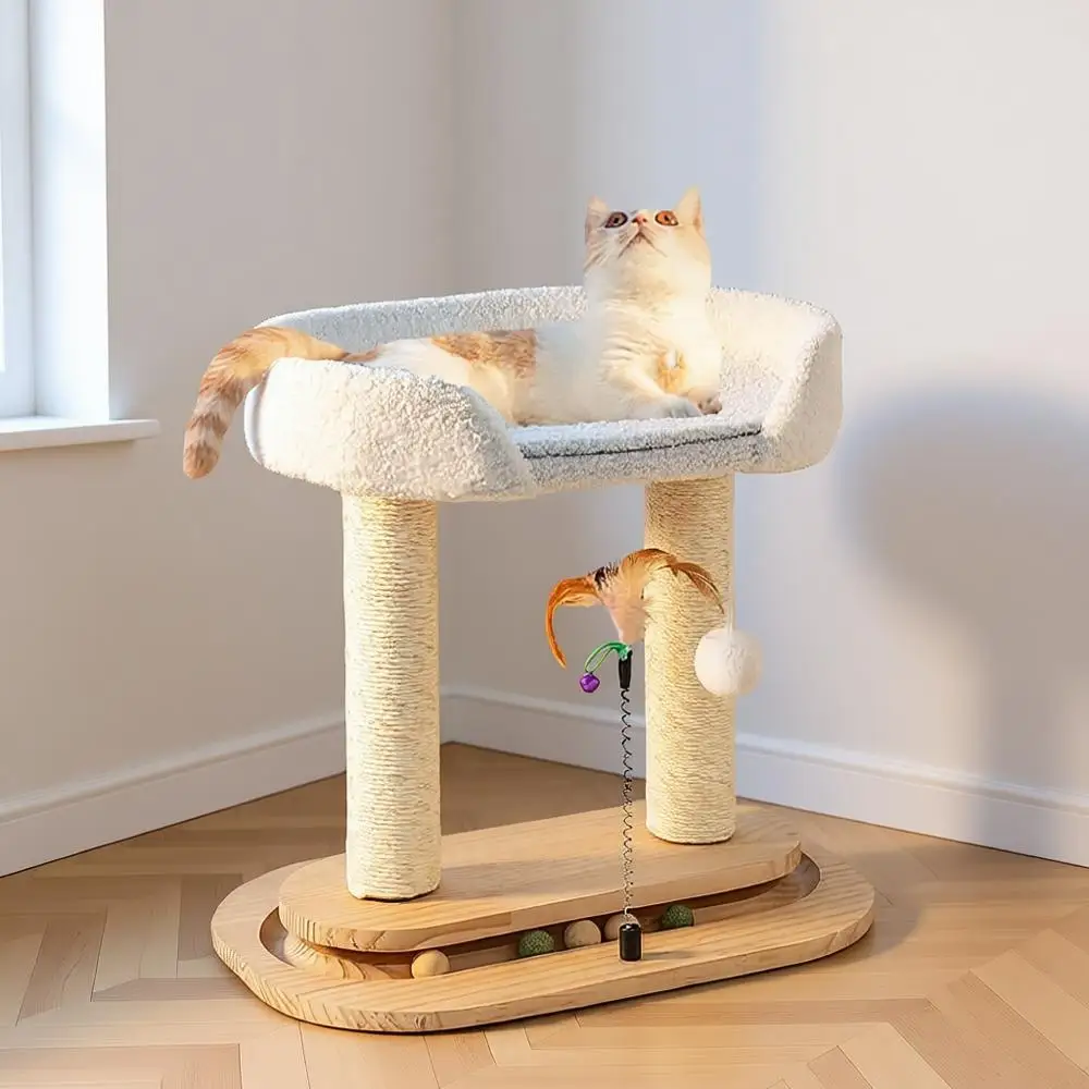 

5-in-1 Small Wooden Cat Tree Tower, 16.34 Lx11.81 Wx16.54 H, Natural Sisal Cat Scratching Post with Bed, Interactive Cat Feather