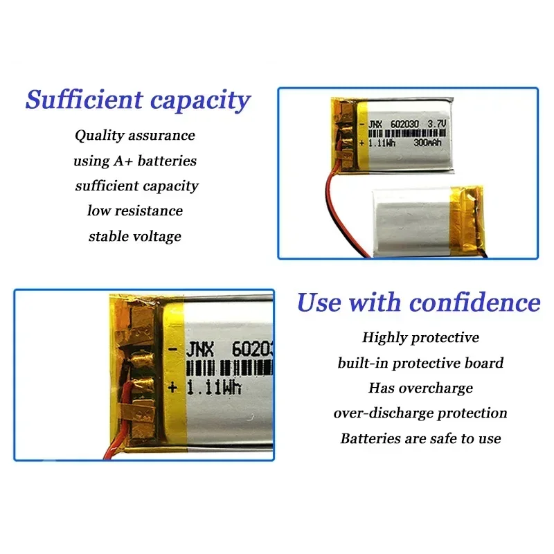 3.7V 300mAh 602030 Real Capacity Polymer Lithium Ion Rechargeable Battery for Toys, LED Light, Bluetooth Speaker Tools Accessory