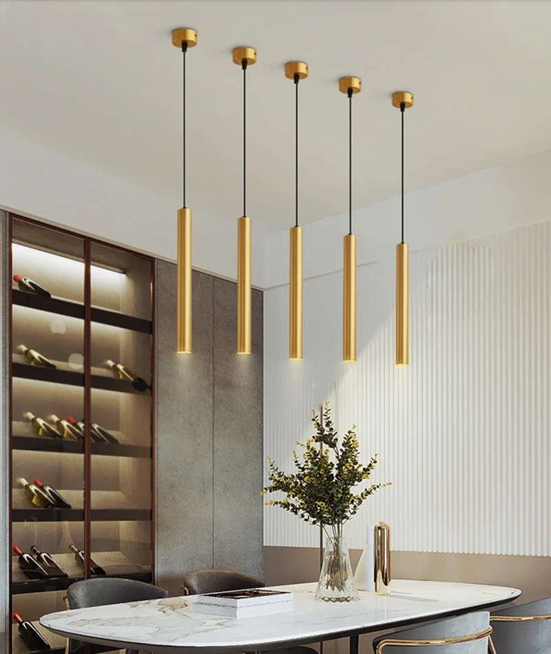 Dimmable Cylinder LED Pendant Lights Long Tube Lamps Kitchen Dining Room Shop Bar Decoration Cord Pendant Lamp Background Lights