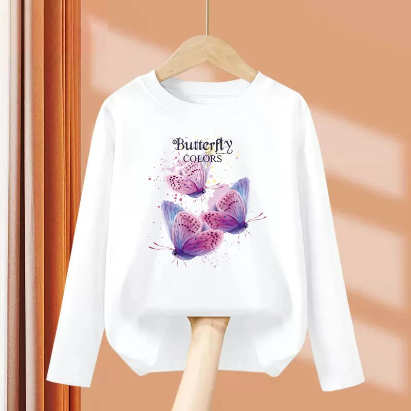 New Girls Autumn Clothes Butterfly Graphic T-shirt 3-14 Age Kid Long sleeved Cotton Tops Fashion Brand Tees