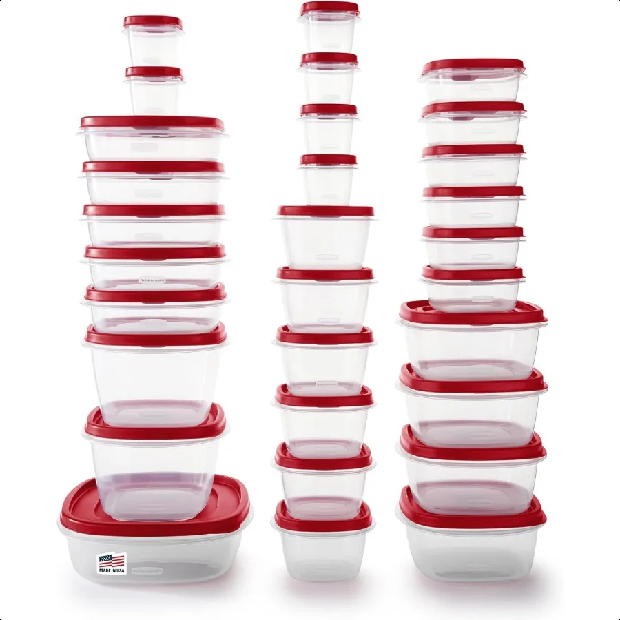 

Контейнеры для хранения продуктов Rubbermaid, 60 предметов с крышками, безопасные для микроволновой печи и посудомоечной машины, красный цвет, идеально подходят для приготовления еды и кладовой
