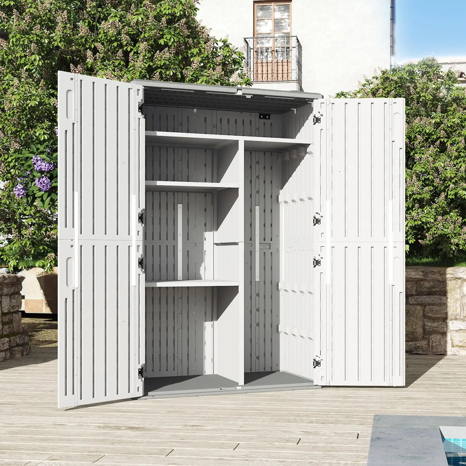 64 Cu.Ft Horizontal Resin Storage Shed With Shelving Kit and Floor for Trash Cans Lawn Tools Garden