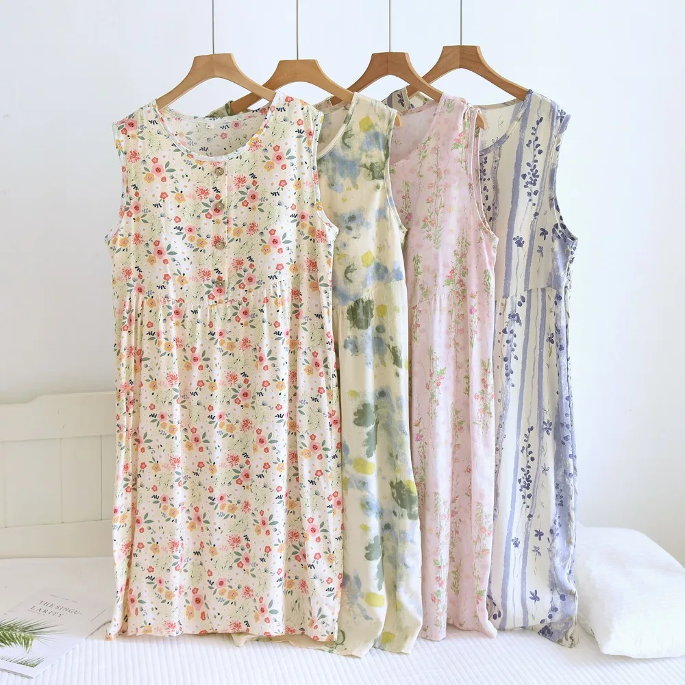 

Thin Women's Summer Dress Sleepwear Nightdress Sleeveless Nightgown Women Floral Style Comfortable One Piece Pajamas Dress