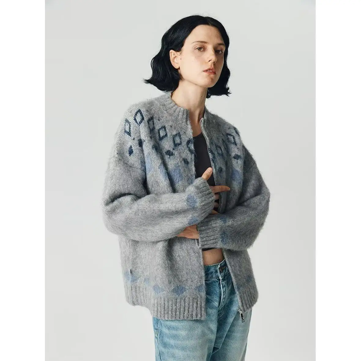 

Men's ort Woolen Open Cardigan Soft Fluffy 3D Flower Design ey Spring Autumn Knitted Sweater Jaet Comfortable Regular Fit