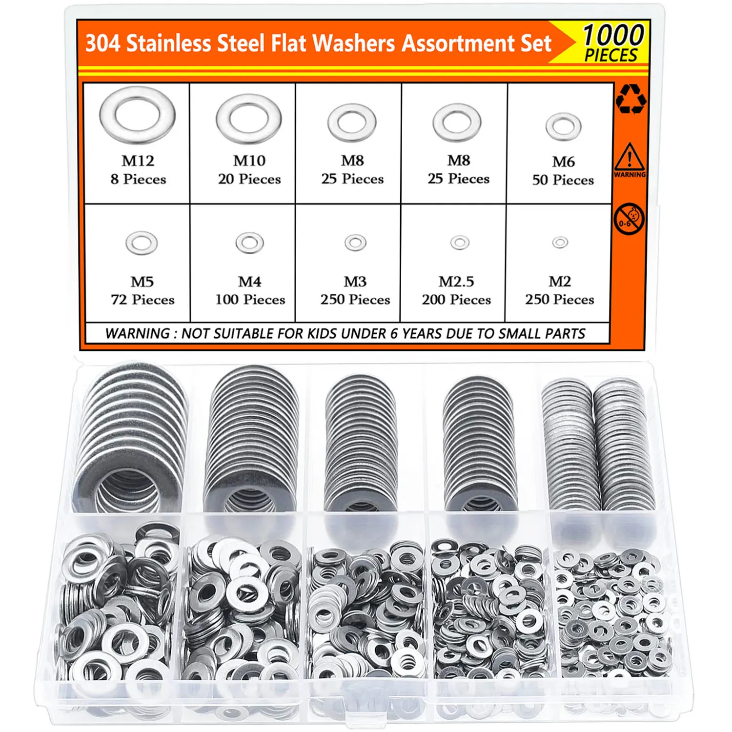 1000 Stück flache Unterlegscheiben aus Edelstahl 304 für Schrauben, Bolzen, sortiertes Kit, Sicherungsscheiben aus Metall (M2 M2,5 M3 M4 M5 M6 M8 M10 M12)