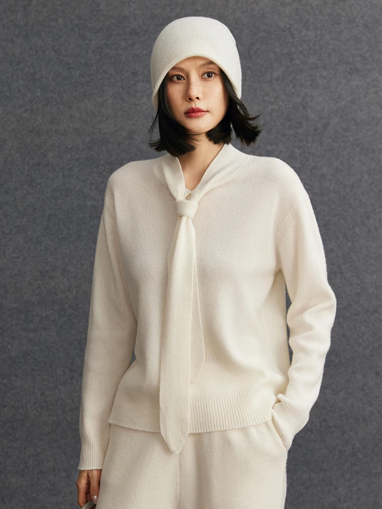 TLOML Women's Lace Up Collar Pullover sweater 100% Cashmere Knit Office Lady Basic Cashmere Knitwear Autumn Winter Soft Warm Top