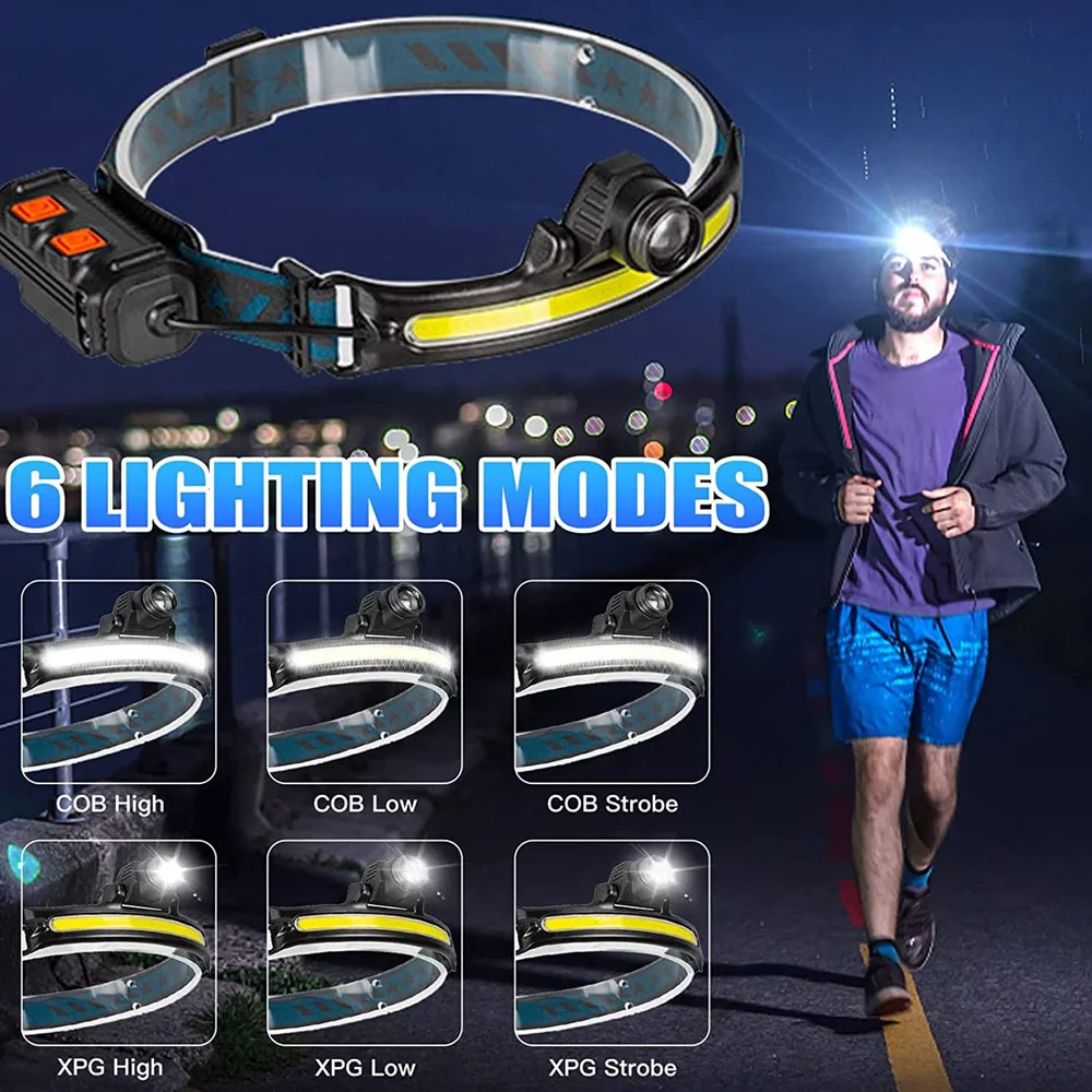 Induction Headlamp XPG+COB LED Head Lamp with Built-in Battery Flashlight Multi-function USB Rechargeable 6 Modes Head Torch