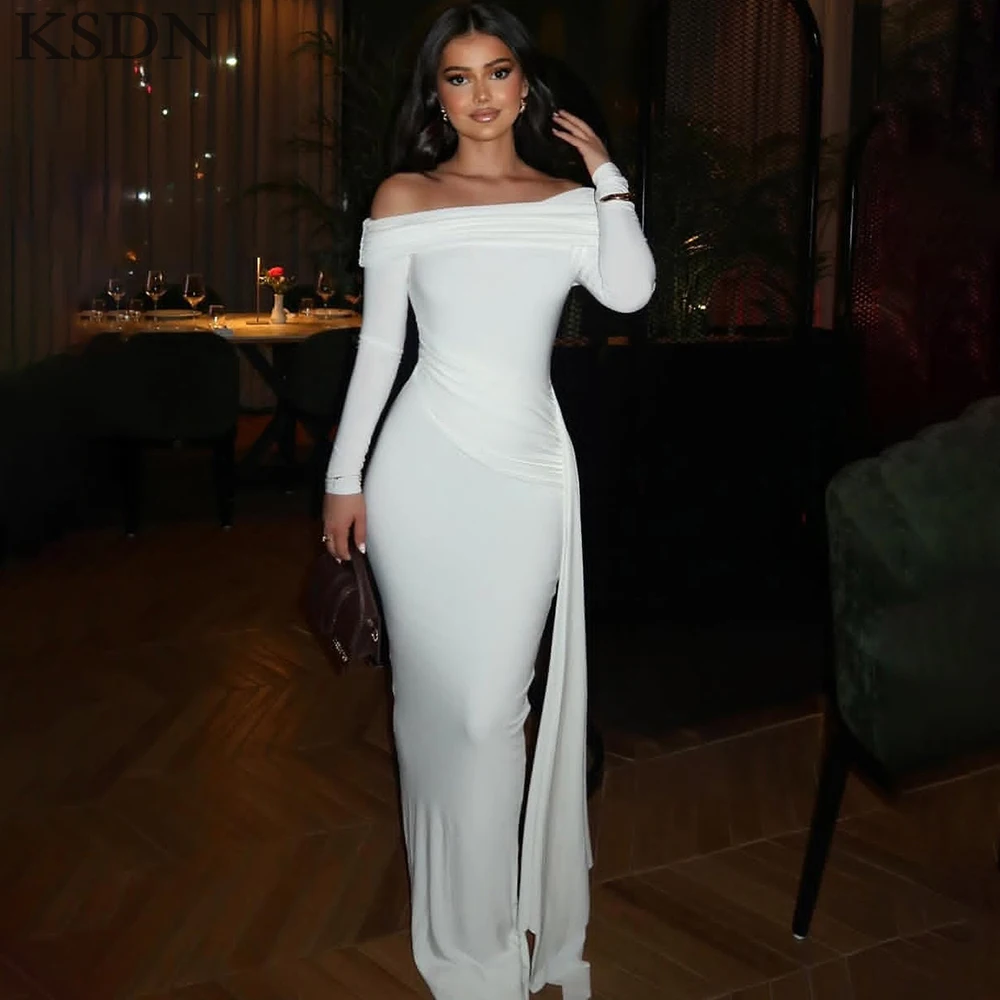 

Simple White Evening Dresses Elegant Women Long Sleeve Boat Beck Sweep Train Dress Formal Occasion Customzied Gowns Vestidos