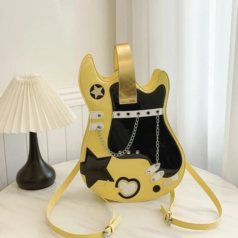 Guitar Shape Design Color Matching Fashion PU Shoulder Bag Zipper Chains Sewing Exquisite Shoulder Bag 2024 New Women\'s Bag