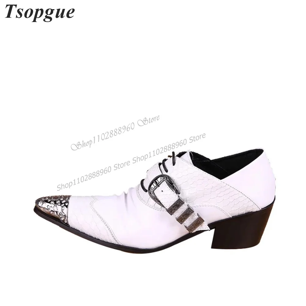 

White Buckle Strap Carve Pleated Metal Toe Men's Pumps Men Dress Shoes Slip-On Runway Casual Party Shoes 2023 Zapatillas Mujer