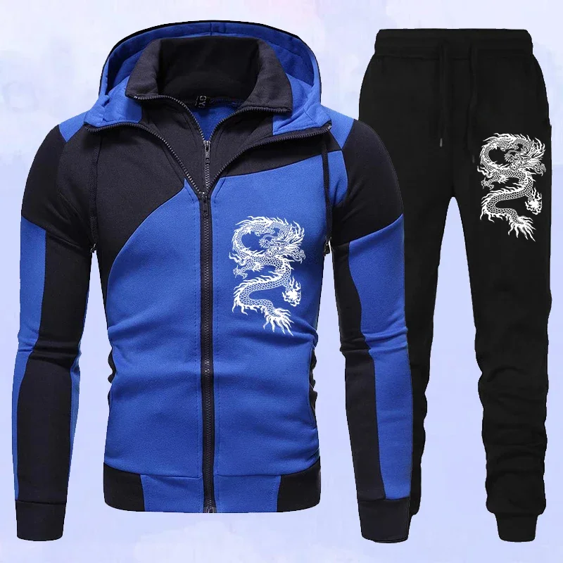 2025 New Fashionable Dragon Print Men's Sports Set Zipper Hoodie Set Two Piece Set Slow Running Leisure Set Sportswear