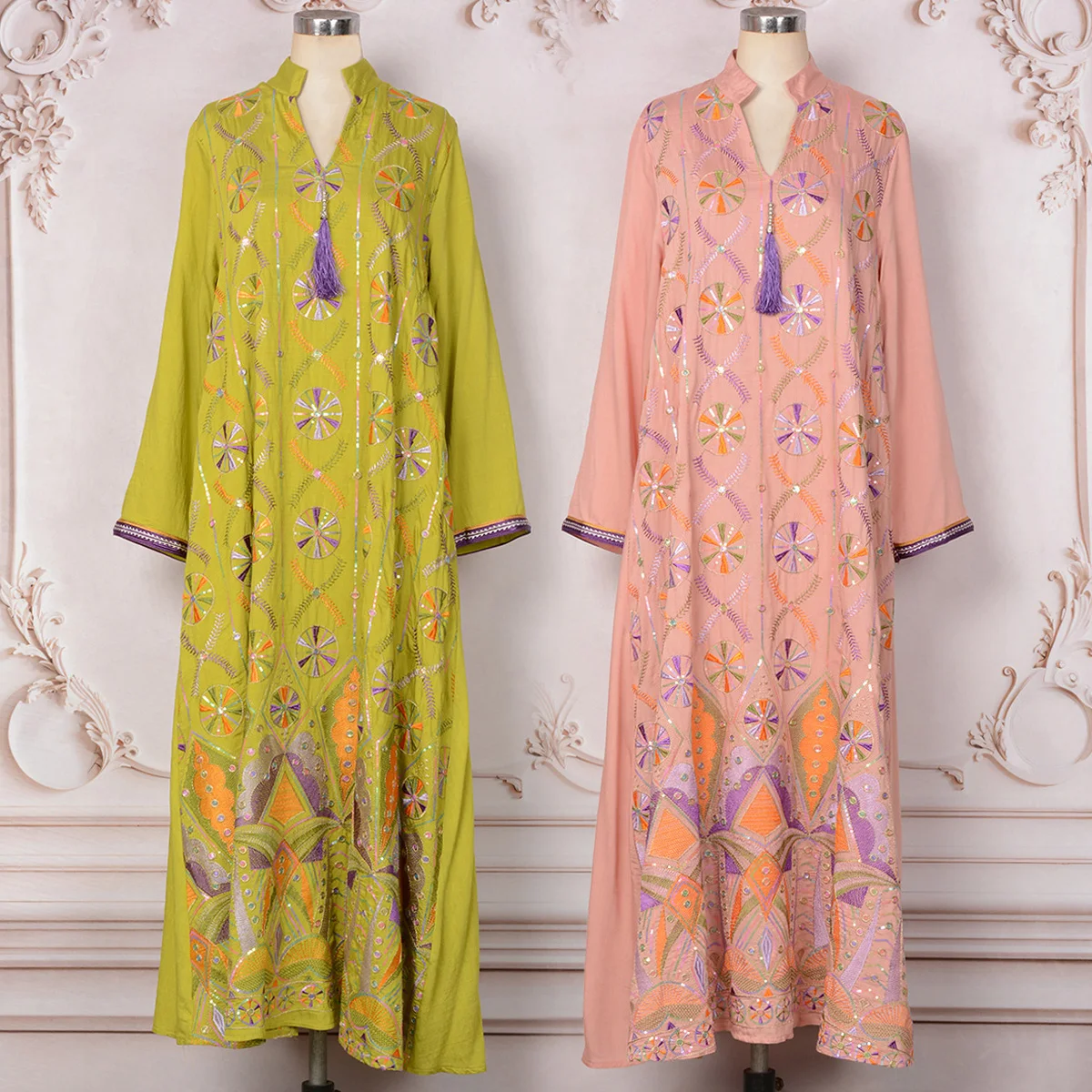 Ethnic Multi-color Thread Embroidery Regular-Fit Jalabiya Arabic Dress Ramadan Eid Party Muslim Women Abayas with Tassel Charm