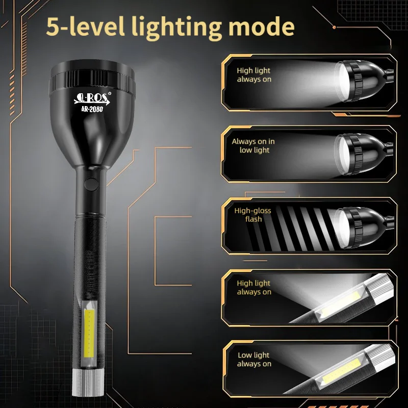 New LED strong light flashlight, rechargeable outdoor hiking and home emergency lighting, safety patrol flash warning flashlight