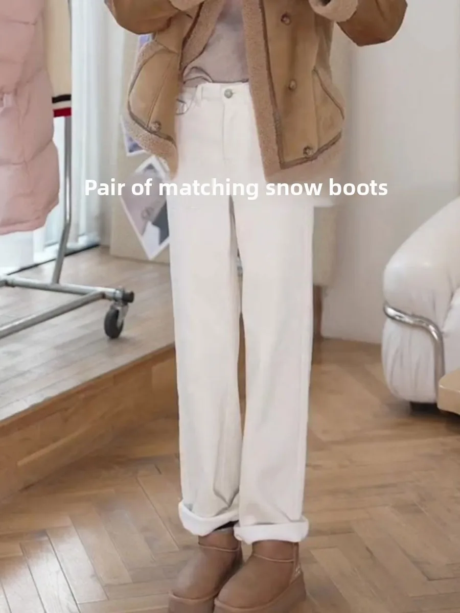 

Oajer Flagip Store Women's Fce Lined Warm Denim Jeans Straight Leg Slimming Long Pants High Waist Winter Season