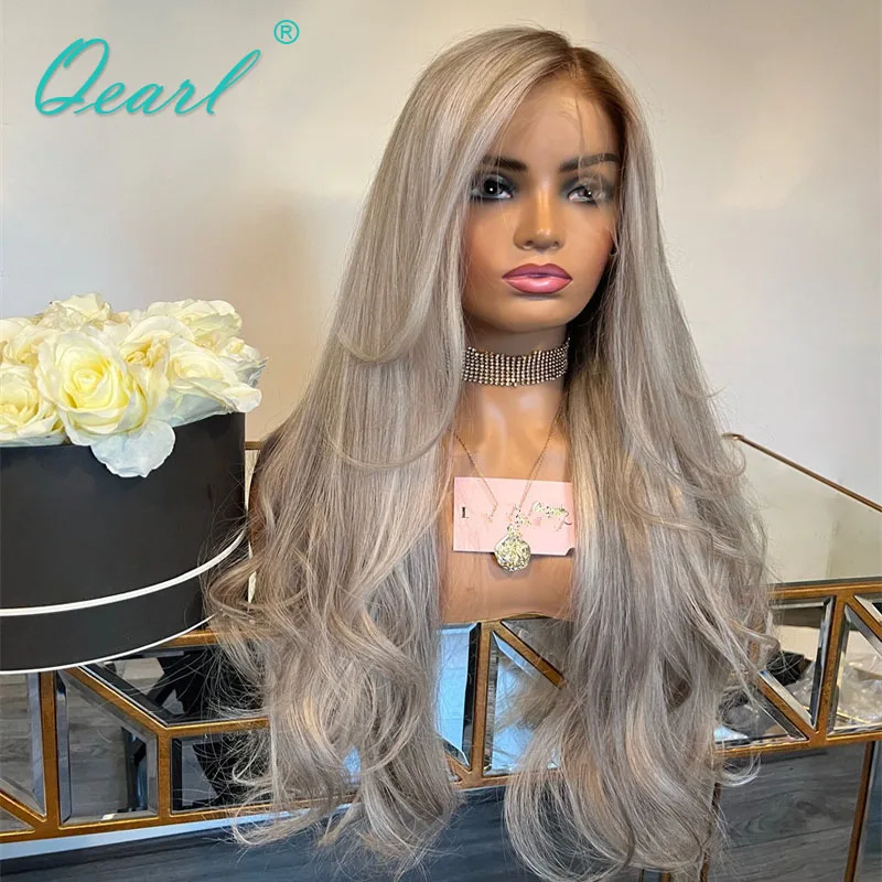 Qearl-Perruque de cheveux humains à dentelle frontale sans colle, mèches blondes agaçantes, cheveux ondulés naturels, gris glacé, coloré