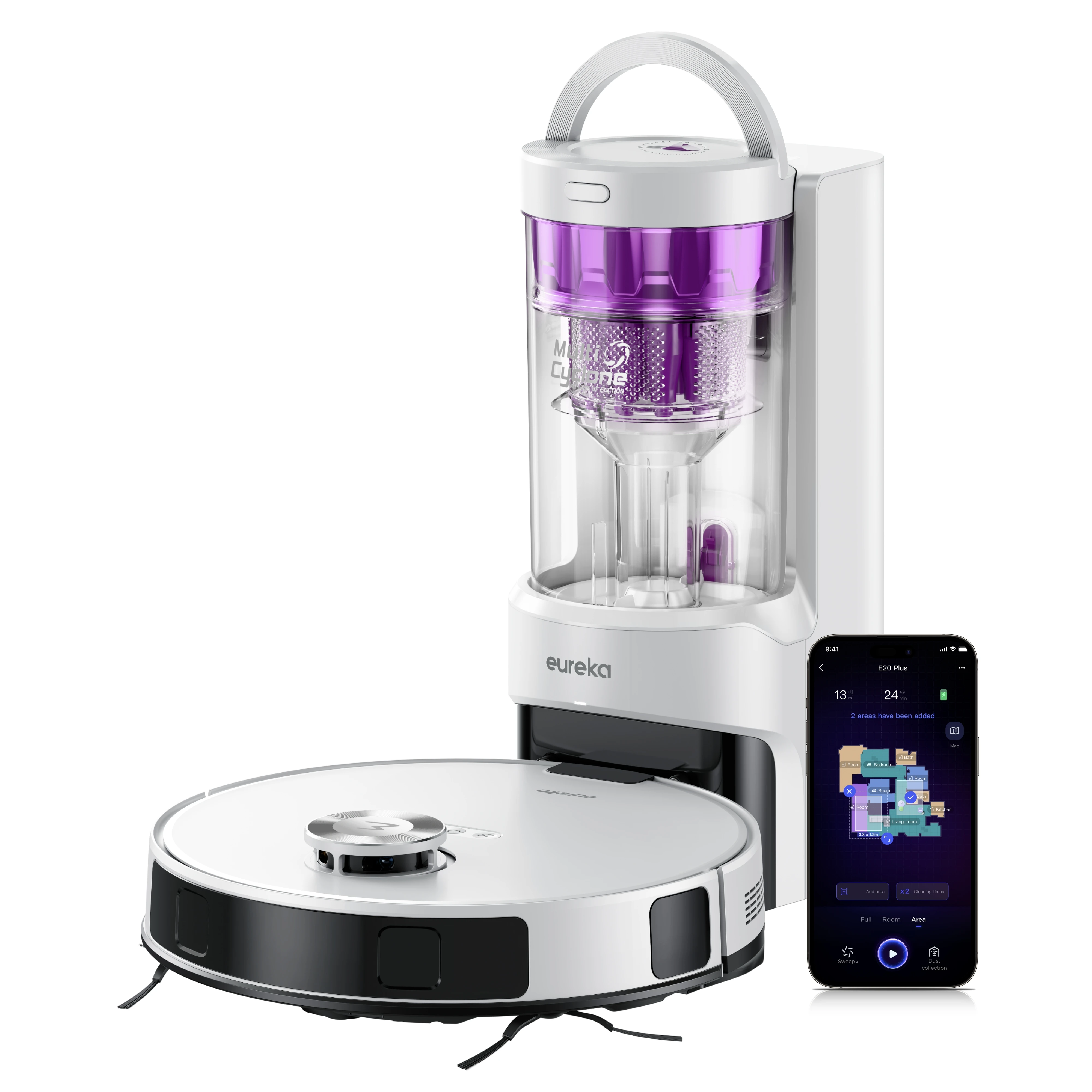 مكنسة كهربائية روبوتية ذاتية التفريغ E20+ 8000 Pa من Eureka، عمر بطارية 180 دقيقة، DuoDetect AI لتجنب العوائق ثلاثية الأبعاد
