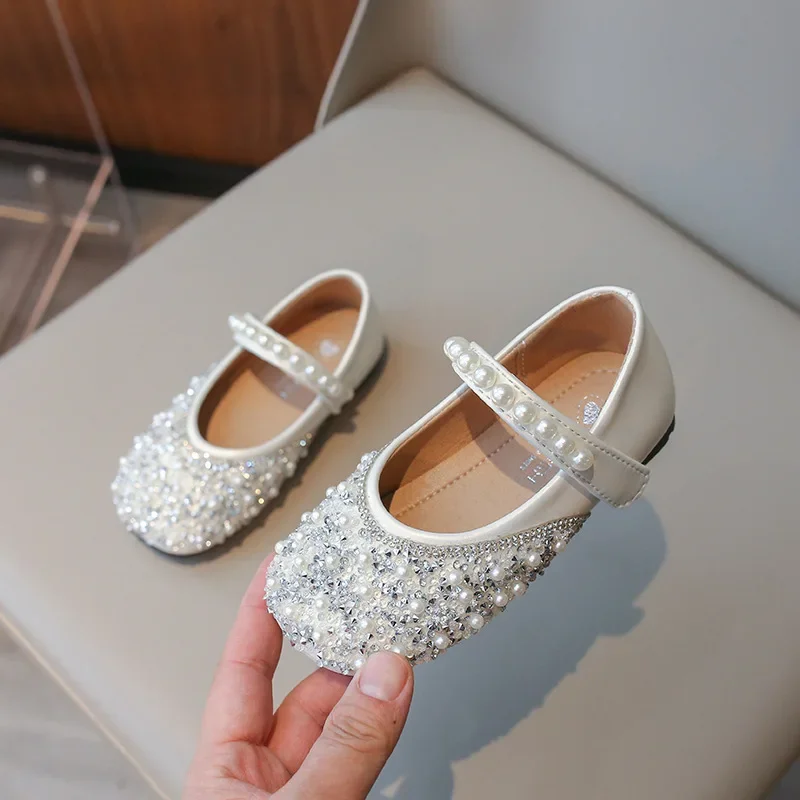 Kids Leather Shoes Spring Autumn Fashion Sequins Pearl Girls Princess Shoes Soft Bottom