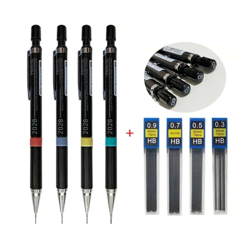 4 Pcs Mechanical Pencils Set 0.3/0.5/0.7/0.9mm Metal Automatic Pencils Drawing Pencils Sketching Pencils for Student H8WD