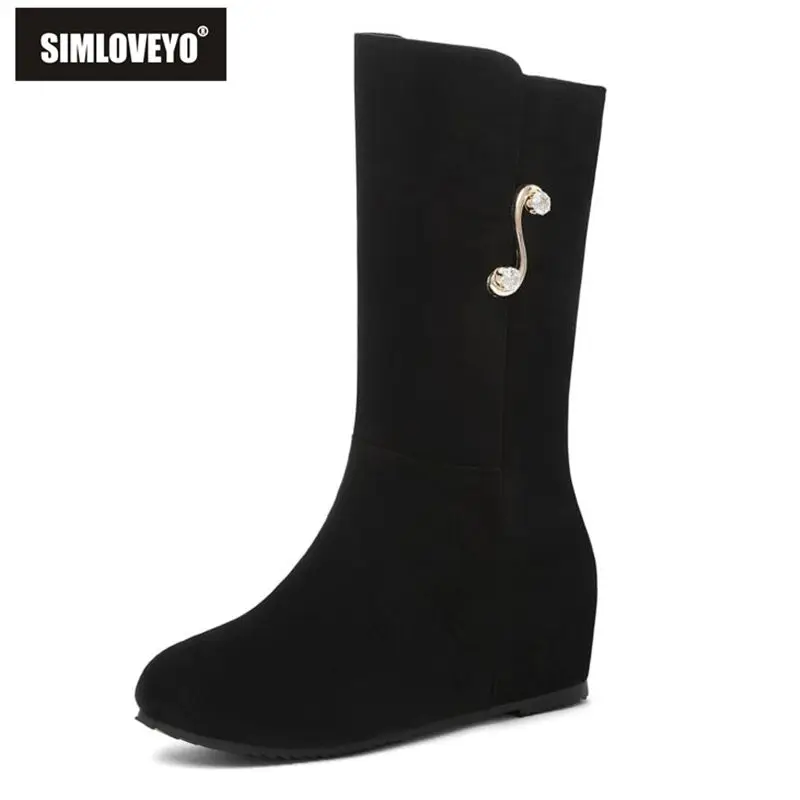 

SIMLOVEYO классические женские сапоги до середины икры из флока с круглым носком увеличенный каблук 3 см украшение 33 41 42 43 ежедневный бот