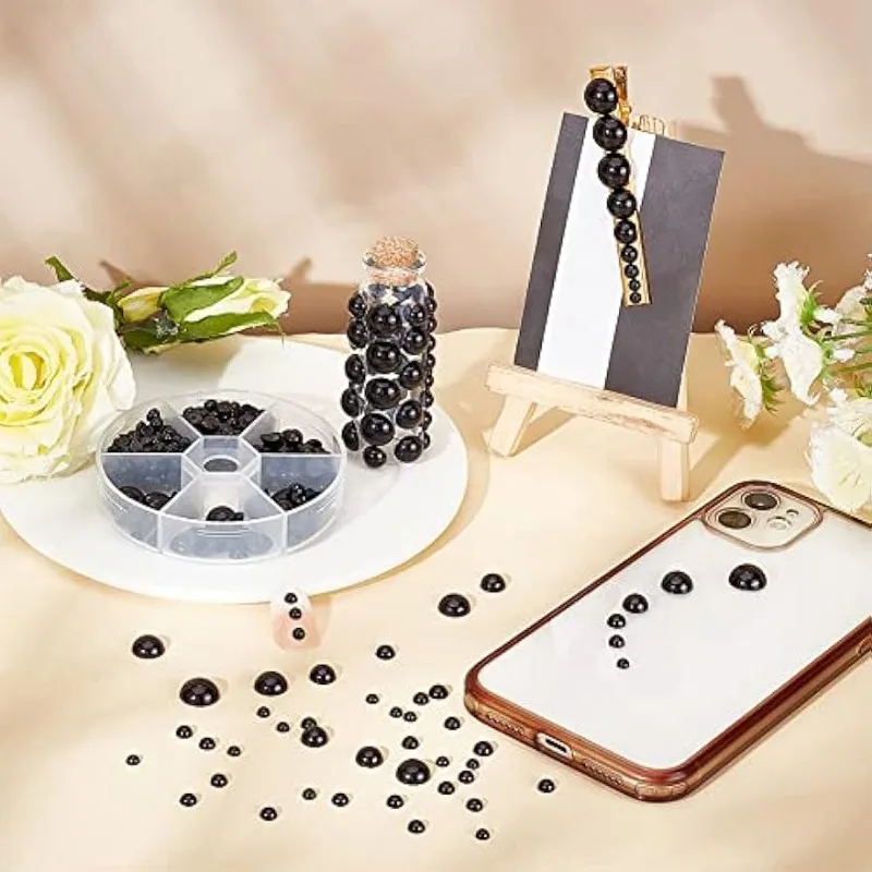 Black Flat Backed Pearls, 690pcs Half Round Pearl Beads 6 Sizes Pearl Cabochon for DIY Scrapbook Phone Case