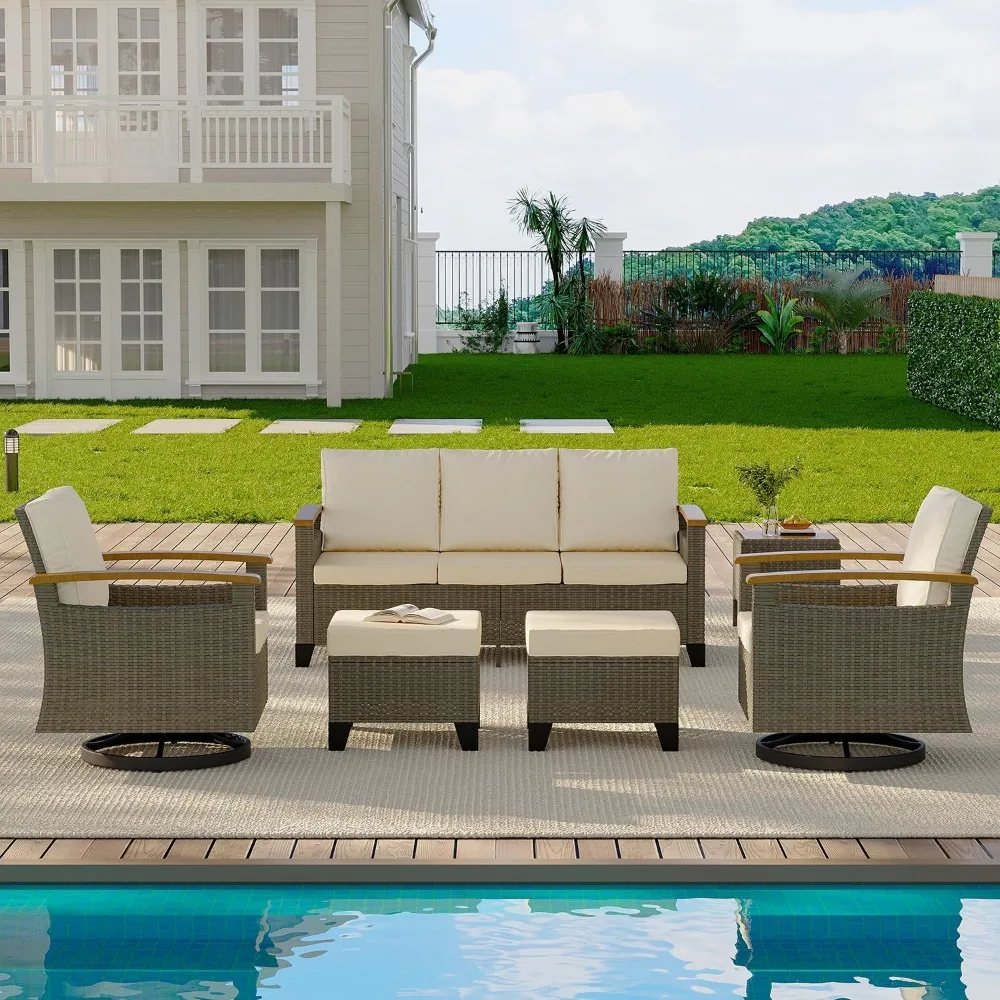 

6 Piece Patio Furniture Set, Wicker Patio Conversation Set with Swivel Glider Chair and 3-Seater Sofa and 2 Ottomans