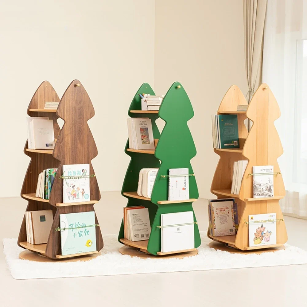 Pine children's bookshelf picture book shelf all-solid wood storage learning multi-layer log color 360-degree solid wood rotatin