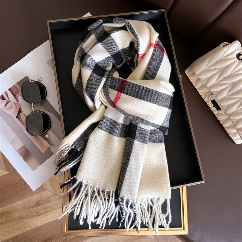 2024 New Luxury Brand Fashion Women\'s Autumn/Winter Stripe Plaid Tassel Imitation Cashmere Scarf Warm Pashmina Shawl Wholesale