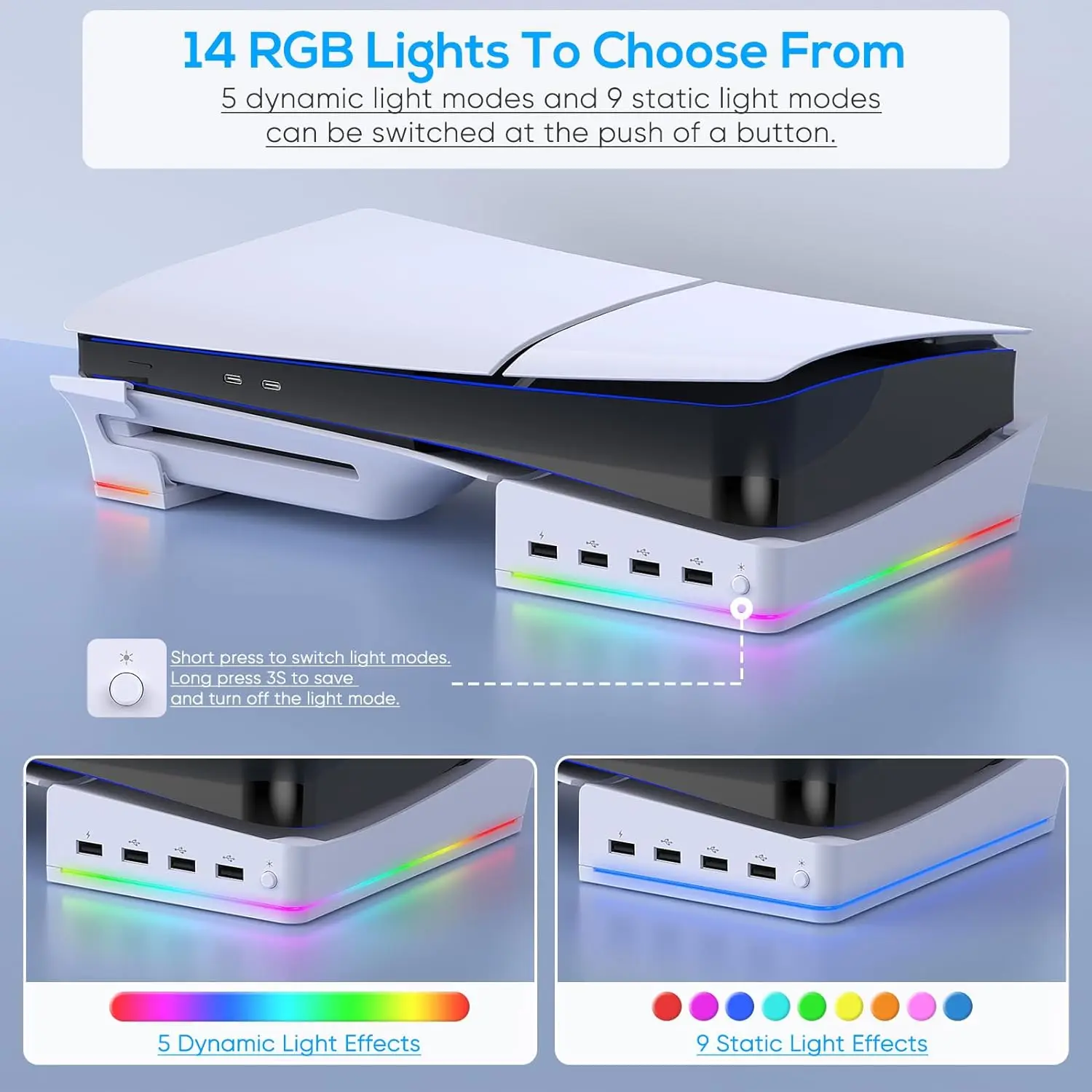 IPEGA Horizontaler Ständer mit RGB-LED-Licht für PS5 Slim-Konsole, Ständerhalter-Zubehör mit 14 Lichtmodi und 4 Ports USB-Anschlüssen