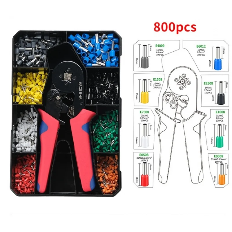 Alicate Crimpador HSC8 6-4 0.25-10mm² 23-7AWG para Terminais Tubulares de Ponteira, Conjunto de Ferramentas para Crimpagem de Ponteiras e Terminais de Fio, Ferramenta de Eletricista