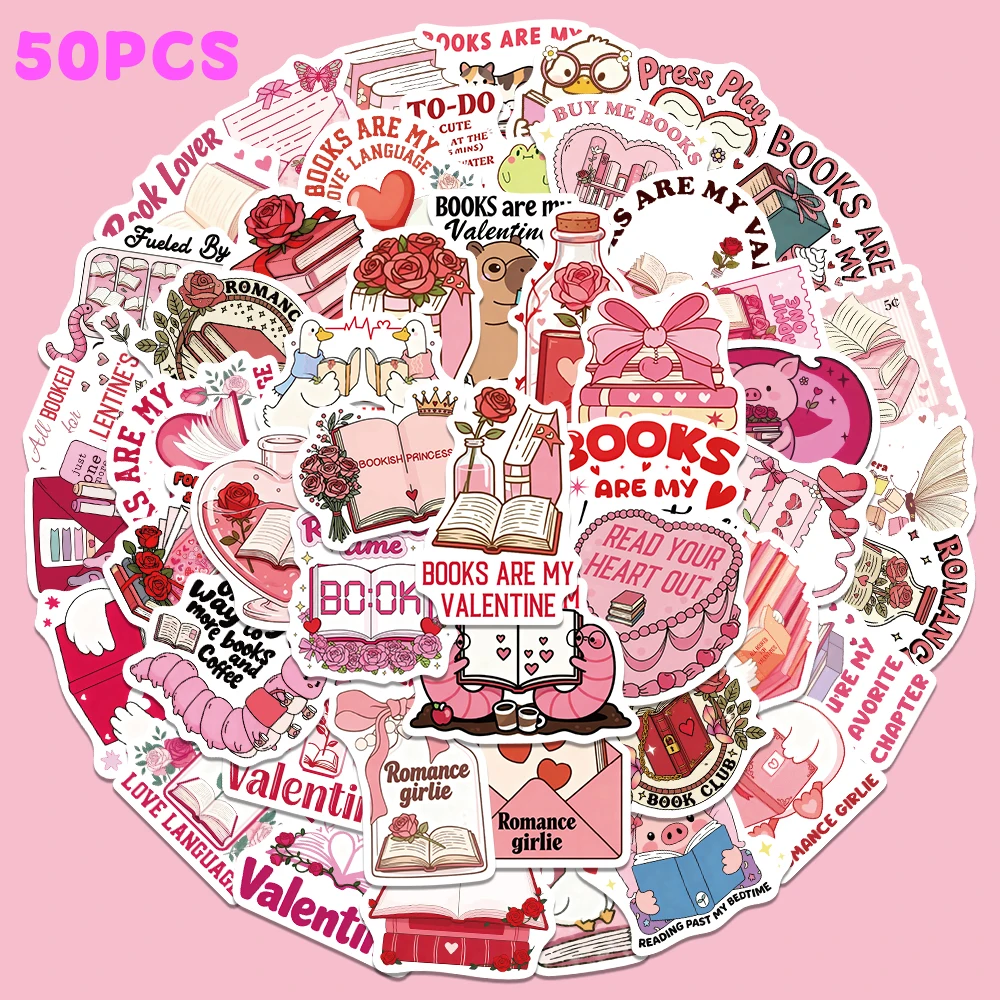 50 Stück Valentinstag Buchliebhaber-Aufkleber Rosa Ästhetische Mode-Sticker für Handy Scrapbook Gitarre Skateboard PVC-Aufkleber Party-Geschenk