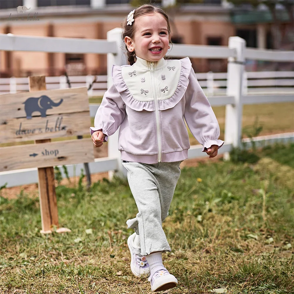 Dave Bella Children's Pants Set Girls Baby Sweet Cute Bow Long Sleeved Kids Coat Pants Two-piece Set Party Outdoor DB3253343