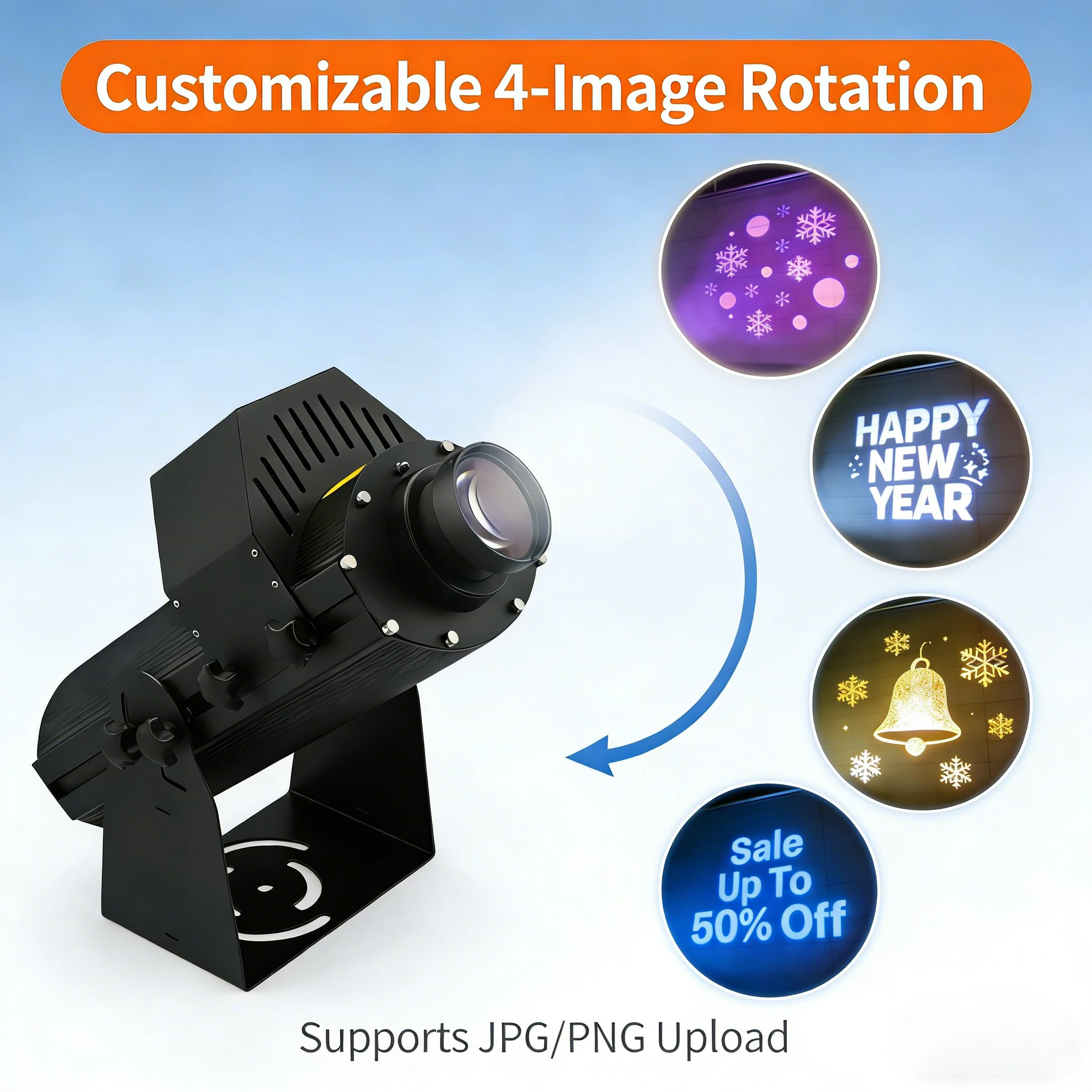 100W-200W Indoor LED Logo Projector - 4 Rotating Patterns Custom Gobo Design for Cafe, Restaurant, Bar, Wedding Event Decoration