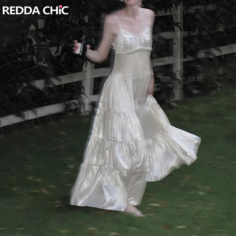 ReddaChic Women Party Sparkly Sequin Cami Dress Glossy V-neck Ruffle Elastic Back Pleated Long Dress Homecoming Formal Clothes