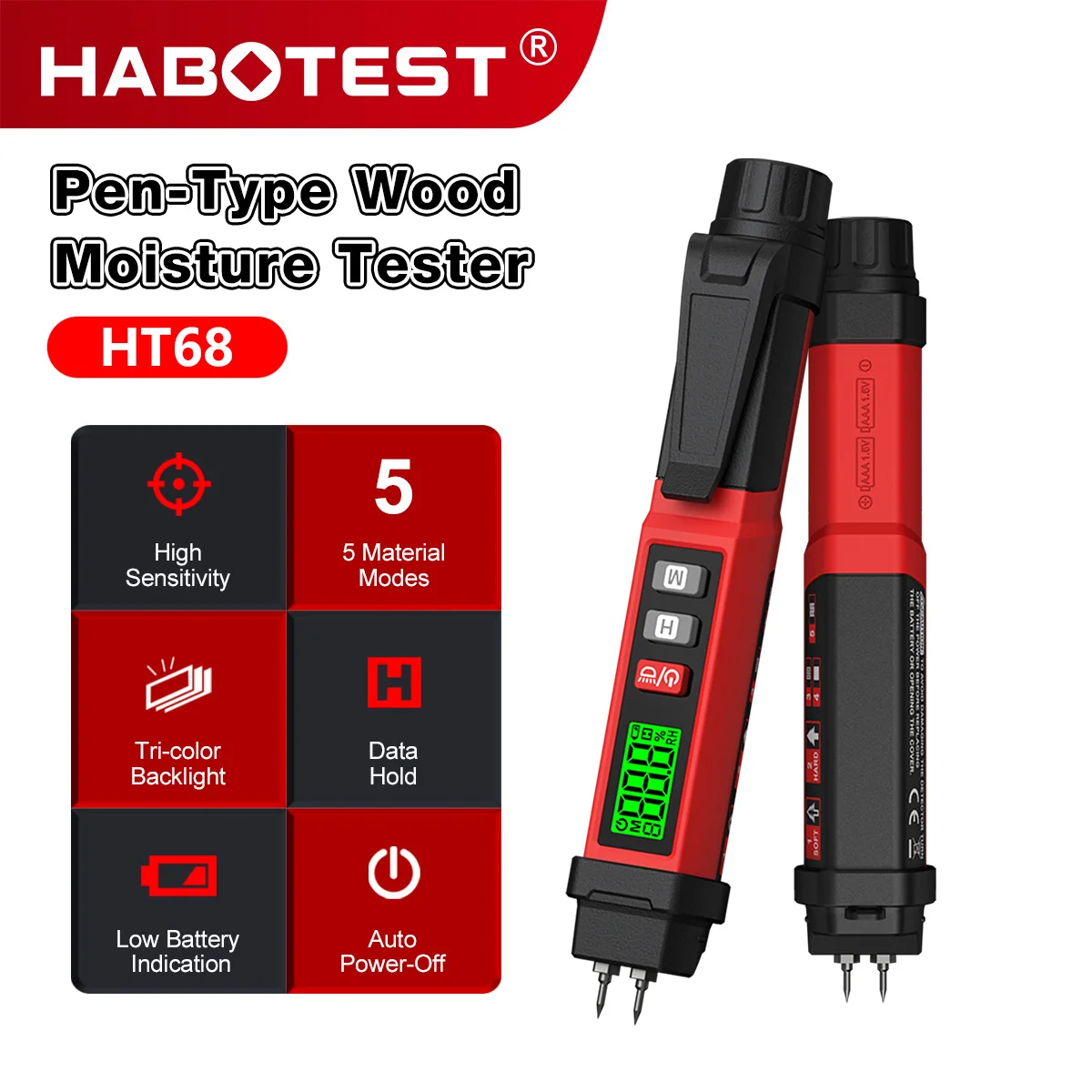  HABOTEST HT68 High-Precision Digital Wood Moisture Tester Two Pins 0-60% Tri-Color Backlight & Sound Alert Calibration Module