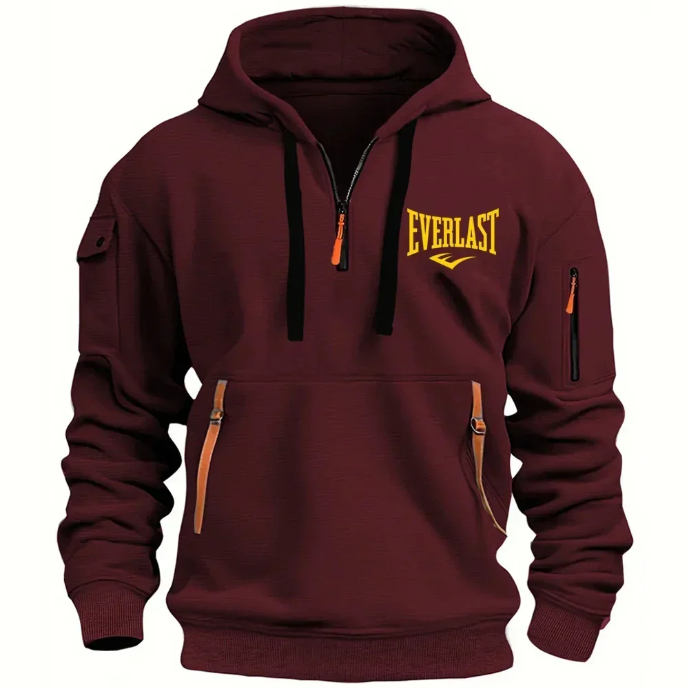 Kapuzenpullover mit halbem Reißverschluss, mehreren Reißverschlüssen an den Ärmeln und einer aufgedruckten Schrift, Sweatshirt für Herbst/Winter, taktische Streetwear, Kapuzenoberteile, Freizeit- und Sportbekleidung. – Detail 4
