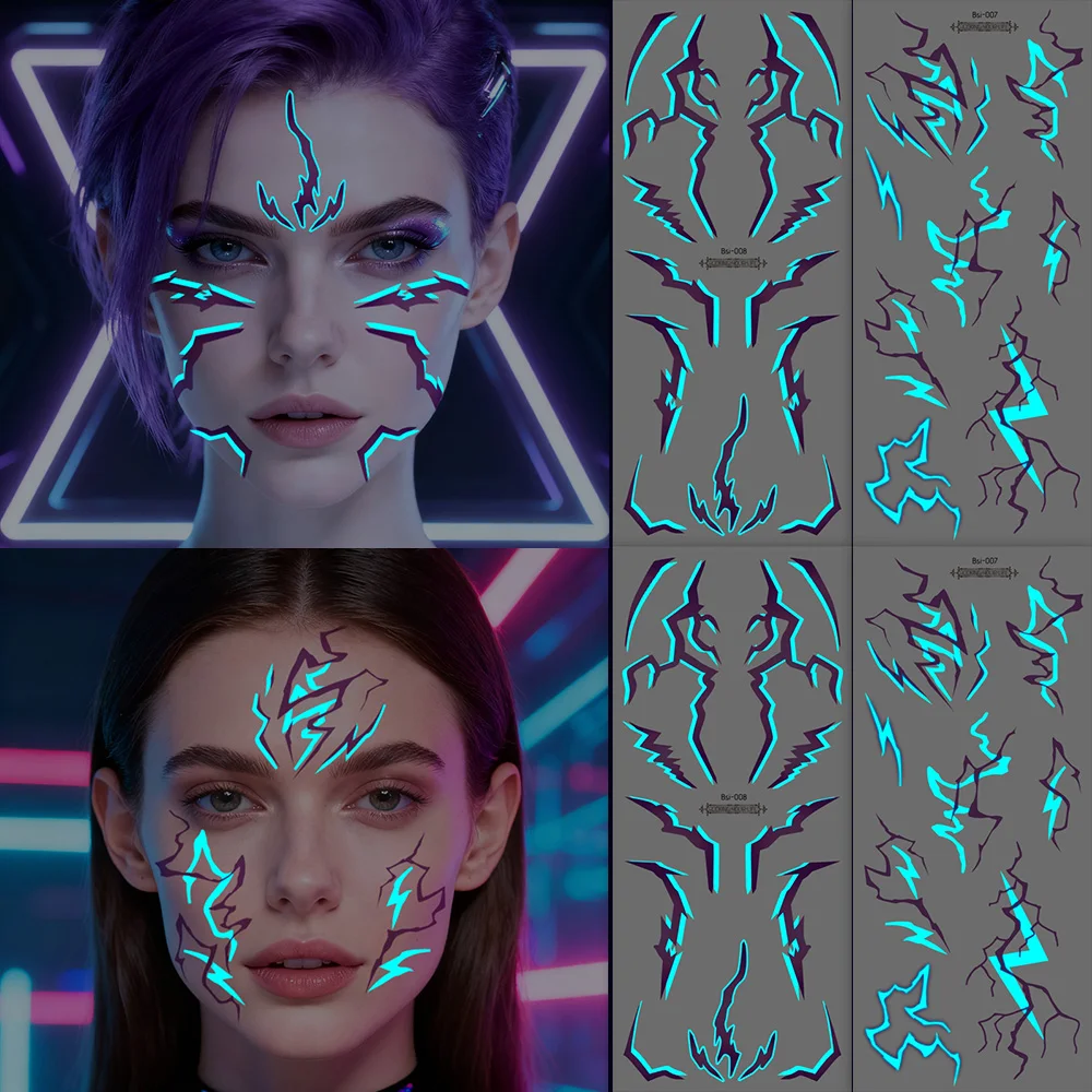 4 Blätter Kpop-Stil Leuchtende Temporäre Tattoos |   Dunkles Gothic-Mädchen-Gruppenmotiv mit blauem Blitz-Adernmuster |   Wasserdichter Ganzkörper-Armüberzug A