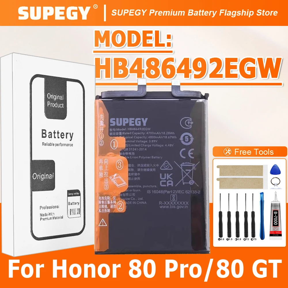 

100% New High Capacity HB486492EGW Battery For HONOR 80 PRO/HONOR 80 GT Phone batteries batteria+Free Tools