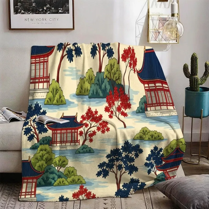 Aesthetic Chinese Pagoda Landscape Throw Blanket Fleece Nap Cozy Decor Asian Culture Gift for Home Couch