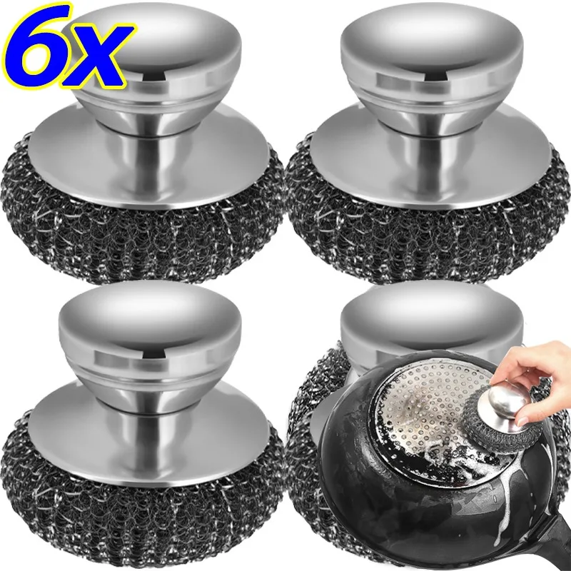 1/6Pcs Stainless Steel Kitchen Pot Brush with Ergonomic Handle Wire Ball Cleaning Tools Home Kitchen Dish Washing Accessories