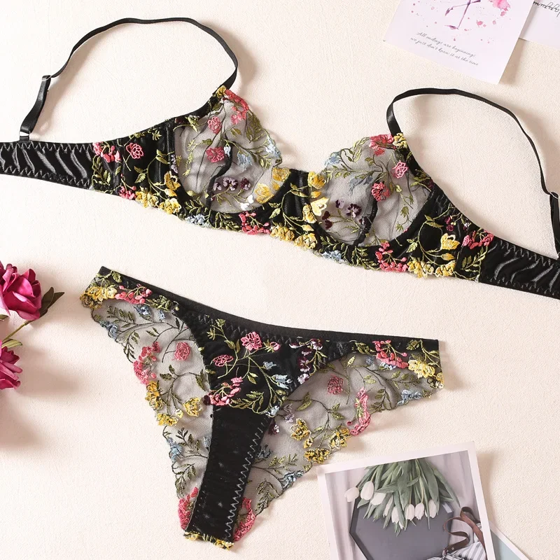 Sexy Countryside Style Embroidered Exotic Apparel Suit Women's Floral Patchwork Color Steel Ring Bra Panty Perspective Intimates