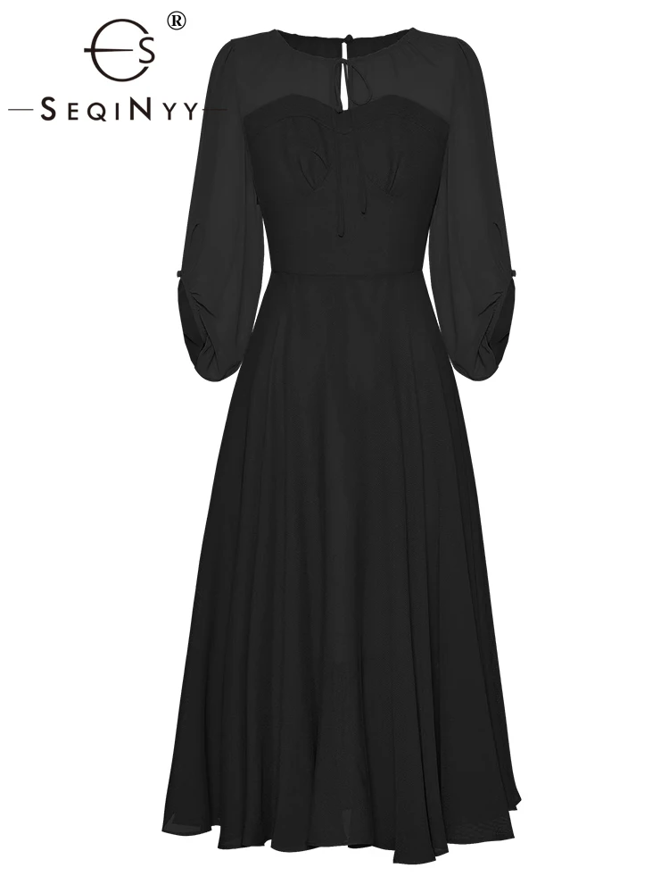 

SEQINYY Elegant Midi Dress A-Line Lantern Sleeve Lace-Up Summer Spring New Fashion Design Women Runway Casual Office Lady