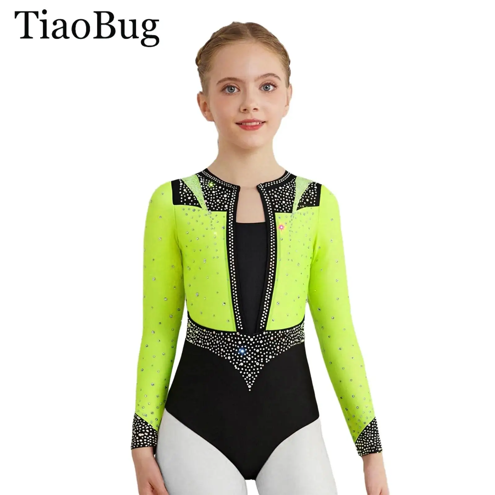 

Kids Girls Shiny Rhinestone Gymnastics Leotard Ballet Jersey Unitards Long Sleeve Rhythmic Figure Skating Bodysuit Dance Costume