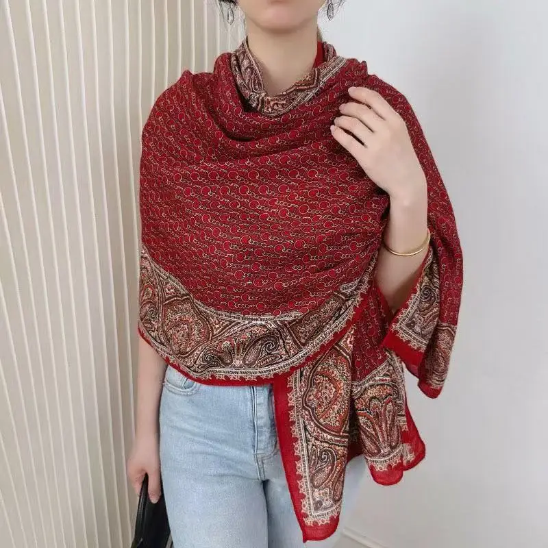 

Осенне-зимняя декоративная большая шаль из хлопка и льна, модная, художественная, свежая, ретро, шарф с цветными блоками, длинный шелковый шарф.