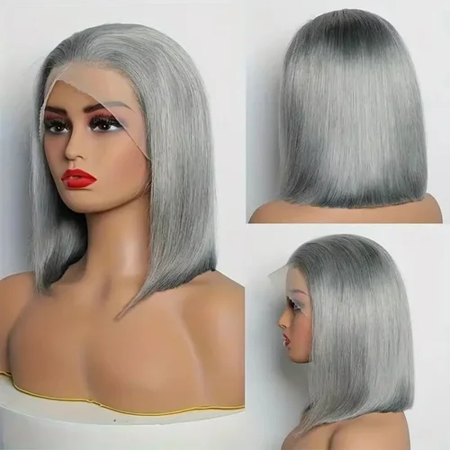 Imagen 2 del producto Pelucas de cabello humano Bob liso gris plateado, pelucas cortas de cabello humano con corte Pix Frontal de encaje 13X4 de color gris, peluca Frontal de encaje Bob de 14 pulgadas